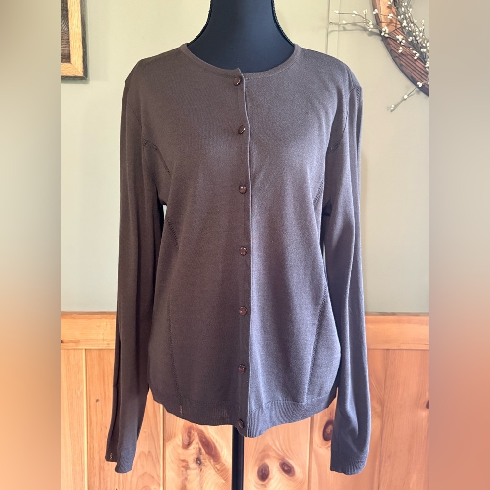 St. John Brown Button-Front Knit Wool Blend Cardigan Size Medium